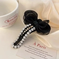Eleganter Haarclip aus schwarzem Organza mit schimmernden Kunstperlen im Vintage-Stil - Perlenschleife / Schwarze Schleife
