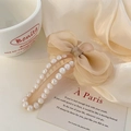 Elegant beige organza flower hair claw clip with pearls and ribbon bow for women - Khaki Bow