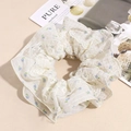 Floral print large scrunchie with lace trim and elegant cream chiffon fabric texture - Off White