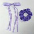 Pinza para el pelo con lazo morado y cintas largas con coletero rizado a juego - Violeta