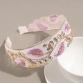 Cerchietto largo in garza rosa con ricamo di foglie viola e paillettes dorate lucide - Viola