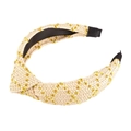 Beige woven straw headband featuring yellow floral embroidery and a top knot design - Knotted Floral Embroidery Style / Off White