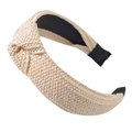 Bohemian style wide knotted straw headband in beige color with elegant black fabric lining - Knotted Edged Style / Off White