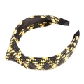 Bohemian knotted straw headband featuring a black, white and yellow plaid weave pattern - Checkerboard Texture Plain Style / Black