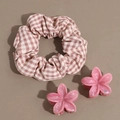 Set elastico per capelli a quadretti rosa e fermagli a fiore in resina per ragazze - Combinazione Elastico A Quadri Rosa E Fermagli A Fiore / Rosa