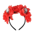 Detail of gothic Halloween headband with red roses, lace-covered eyeballs and black frame - Red Rose Skull Headband