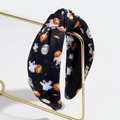 Serre-tête noué d'Halloween avec motifs citrouilles oranges et fantômes sur tissu noir - Noir Lisse