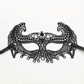 Detailed close-up of Gothic black lace fox mask with intricate embroidery and satin ribbons - Mask 10