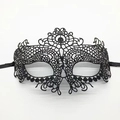 Detailed view of black lace fox mask with intricate embroidery and ribbon ties for Halloween - Mask 12