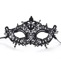 Detailed close-up of Gothic black lace fox mask with intricate cutout patterns and silk ribbons - Mask 13