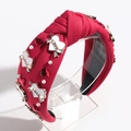 Mode rode geknoopte haarband met hart-steentjes, parels en een Love-hanger detail - Rood