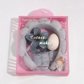 Detailed set featuring grey puffy headband, wristbands, floral clip and makeup sponge in a box - Lily Flower Set / Light Gray