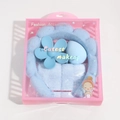 Detailed close-up of a 5-piece light blue spa headband and wristband set in a retail box - Five-Petal Flower Set / Light Blue