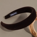 Detail of dark brown velvet headband showing hand made label on interior band - 3cm / Dark Brown-3cm