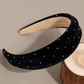 Thick velvet headband in black with shimmering silver rhinestones on a rustic wood base - Black 4.5cm