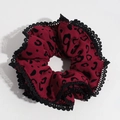 Large burgundy leopard print scrunchie with elegant black lace trim and high elastic band - Red Leopard Double Layer