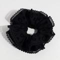 Elegant black scrunchie with jacquard leopard pattern and delicate lace trim detail - Black Leopard Double Layer