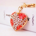 Golden heart keychain with red roses and crystals, romantic gift for women and couples - Red