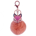 Detailed macro view of a fox pendant featuring pink rhinestones and light orange fluffy fur pom - Red Blue And Coffee