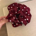 Elegant oversized burgundy scrunchie with white polka dots and delicate lace trim layers - Double-Layer Polka Dot Pleated Large Style / Red Polka Dot Double Layer