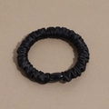 Elastic black satin scrunchie with a sleek oval decorative buckle and pleated texture - Thin Pleated Style / Black