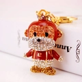 Cute red zodiac monkey keychain with gold crown and sparkling crystal rhinestones - Coffee