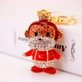Sparkling crystal monkey keychain charm with red enamel and golden crown detail - Red