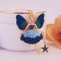 Porte-clés ange féerique créatif avec strass bleus et finition en métal doré - Bleu Paon