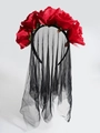 Gothic Day of the Dead headband with five red roses and long black mesh veil - Red Rose Veil