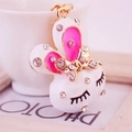 Cute cartoon white rabbit keychain with pink enamel, golden bow and sparkling rhinestones - White