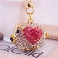 Sparkly rhinestone pig keychain with pink heart pattern and golden lobster clasp for bags - Pink
