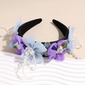 Diadema floral con flores de seda moradas y flecos de perlas blancas colgantes - Azul y Púrpura