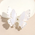 Detailed top view of a pearlescent double-layer butterfly hair claw with rhinestone edges - Pearl White Style / White