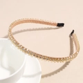 Close-up of double-row champagne crystal beads on a satin-wrapped fashion headband - Champagne