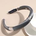 Detail of grey satin floral headband showing high quality stitching and hand made label - 2cm Gray