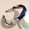 Detailed close-up of navy blue satin flower headband with high-quality printed fabric - 3cm Navy Blue