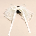 Elegant white ribbon bow hair claw clip with faux pearls for Korean style hairstyles - Off-white