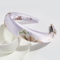 Detail of lavender satin floral headband with Hand Made label on white ceramic cup - 3cm Light Purple