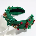 Grünes Weihnachts-Haarband mit festlichen Perlen, Strass und goldenen Perlen - Grün