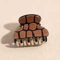 Detail van kleine vierkante haarklem met bruine hars en goudkleurige metalen tanden - camel