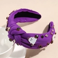 Detalle de diadema de Halloween morada con nudo, pedrería y pequeños fantasmas blancos - Morado