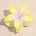 Détail d'une pince à cheveux fleur de frangipanier avec des pétales dégradés jaune et blanc - Jaune