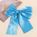 Close-up of sky blue satin double-layer bow hair clip with long elegant ribbons - Lake Blue