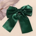 Close-up of a double-layered dark green satin bow hair clip with a soft silky texture - Dark Green