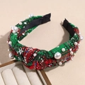 Detail of Christmas headband with red green plaid fabric, pearls, and snowflake patterns - Pearl Rhinestone Red Green