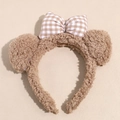 Diadema de felpa con estampado de leopardo, orejas de gato y lazo a cuadros para mujer - Orejas de Oso Lazo Caqui