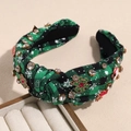 Detail of Christmas headband with green plaid fabric, rhinestones and festive charms - Moon Snowflake Black Green