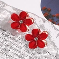 Detail of red camellia hair claw clips with rhinestones and gold metal base - Single Flower Style / 1 Pair Pack / Red