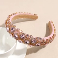 Detailed view of handmade pink crystal headband featuring rhinestones and glass beads - Pink