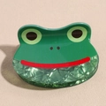 Detailansicht der grünen Cartoon Frosch Haarklammer mit Marmor-Textur-Effekt - Frosch mit großen Augen Stil